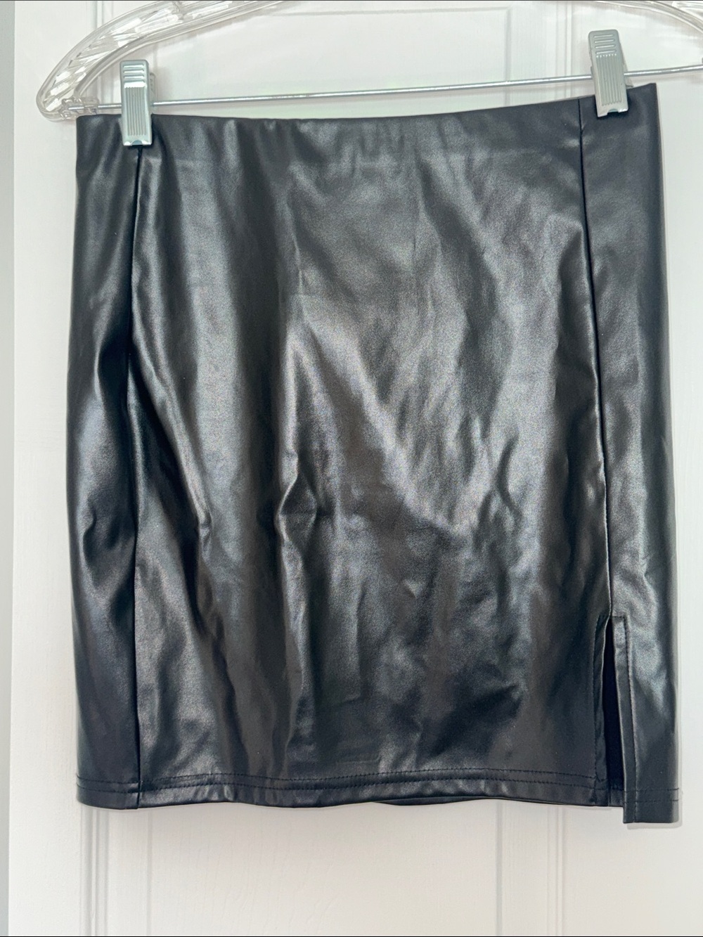 Black Faux Leather Mini Skirt with Side Slit